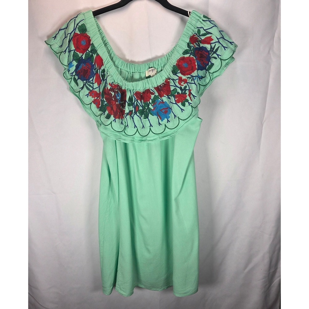 Umgee Women L Green Floral Embroidered Ruffle Off The Shoulder Boho Mini Dress